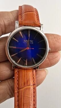 ARCTIC Iceland Quartz Analog Watch Blue Dial Brown Leather Strap Silver Case